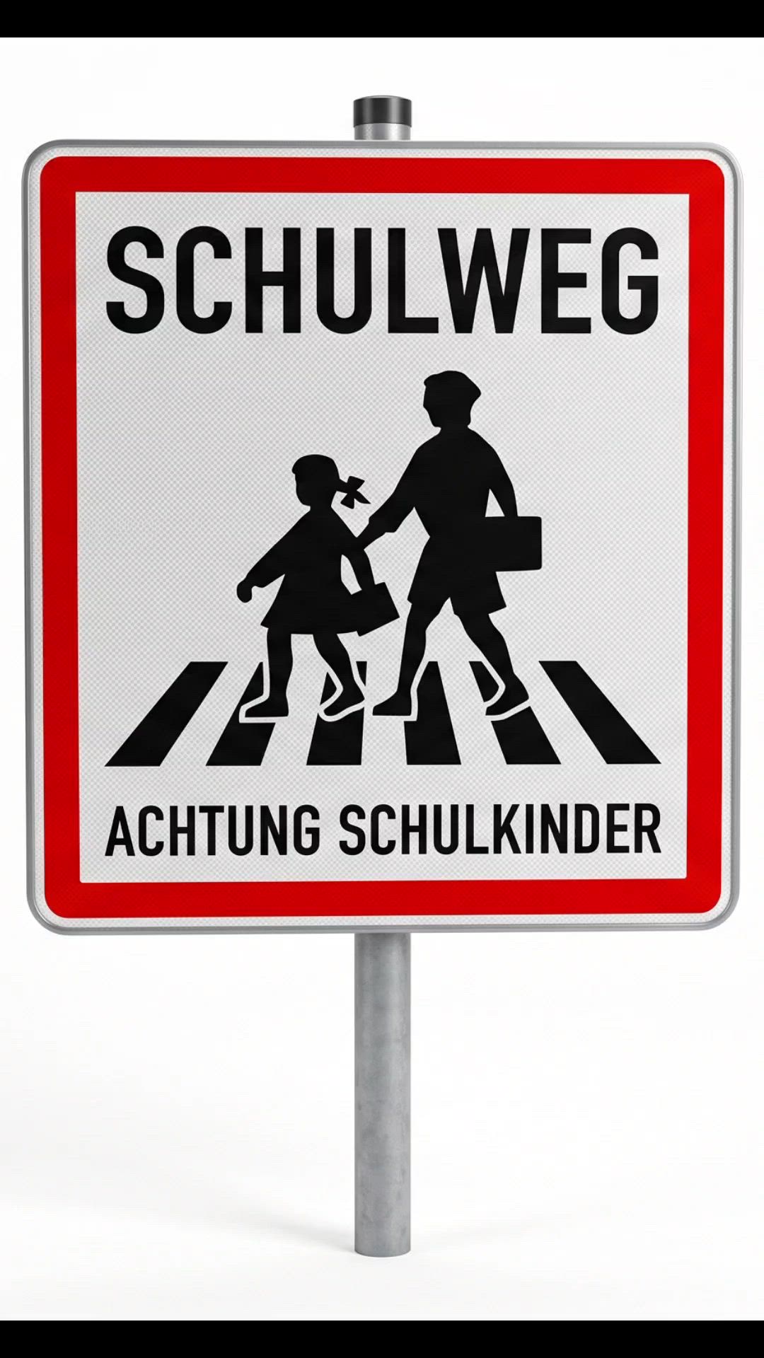 Schulweg Schild mit Kindern auf Zebrastreifen auf einem Mast, Achtung Schulkinder